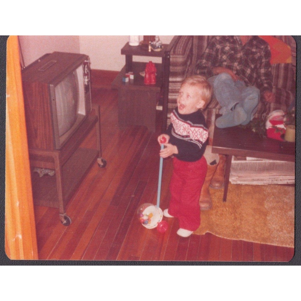 Vintage 1970s Color Photo Child Fisher Price Corn Popper Console TV